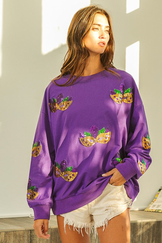 MARDI GRAS MASKS SEQUIN PATCHES PULLOVER – The Royal Peacock